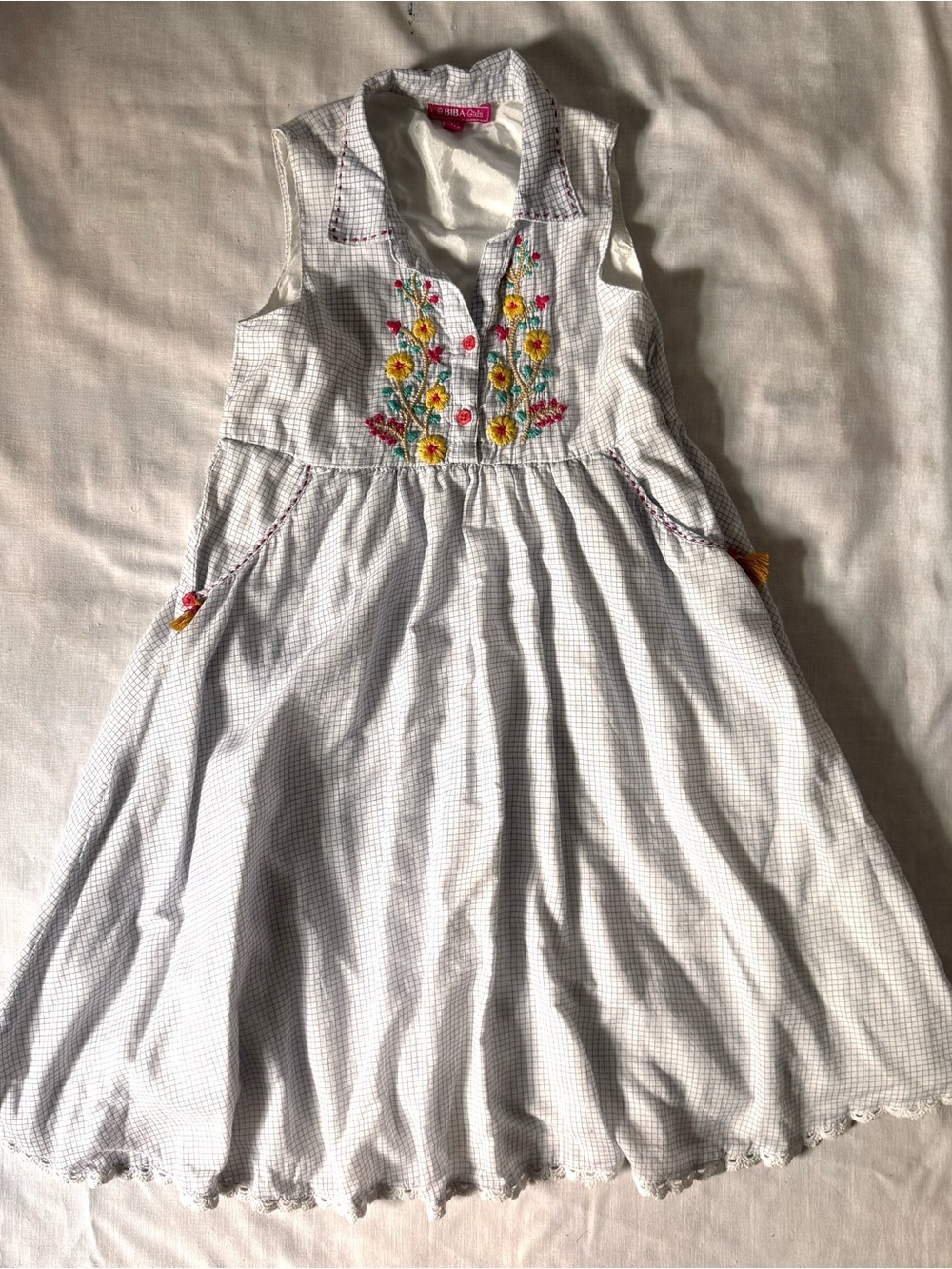 Biba Girls White Embroidered Floral Grid Sundress Size 6-7 Years